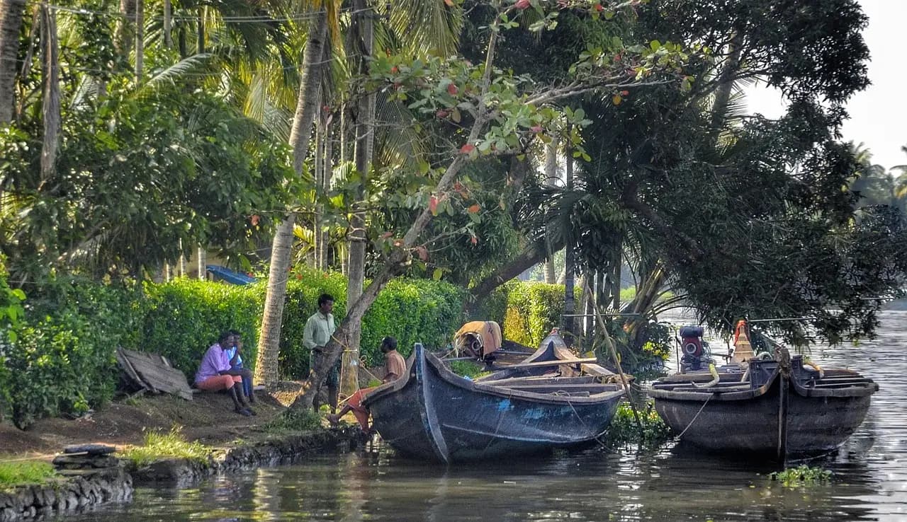 Traditional houseboat on peaceful Kerala backwaters surrounded by palm trees