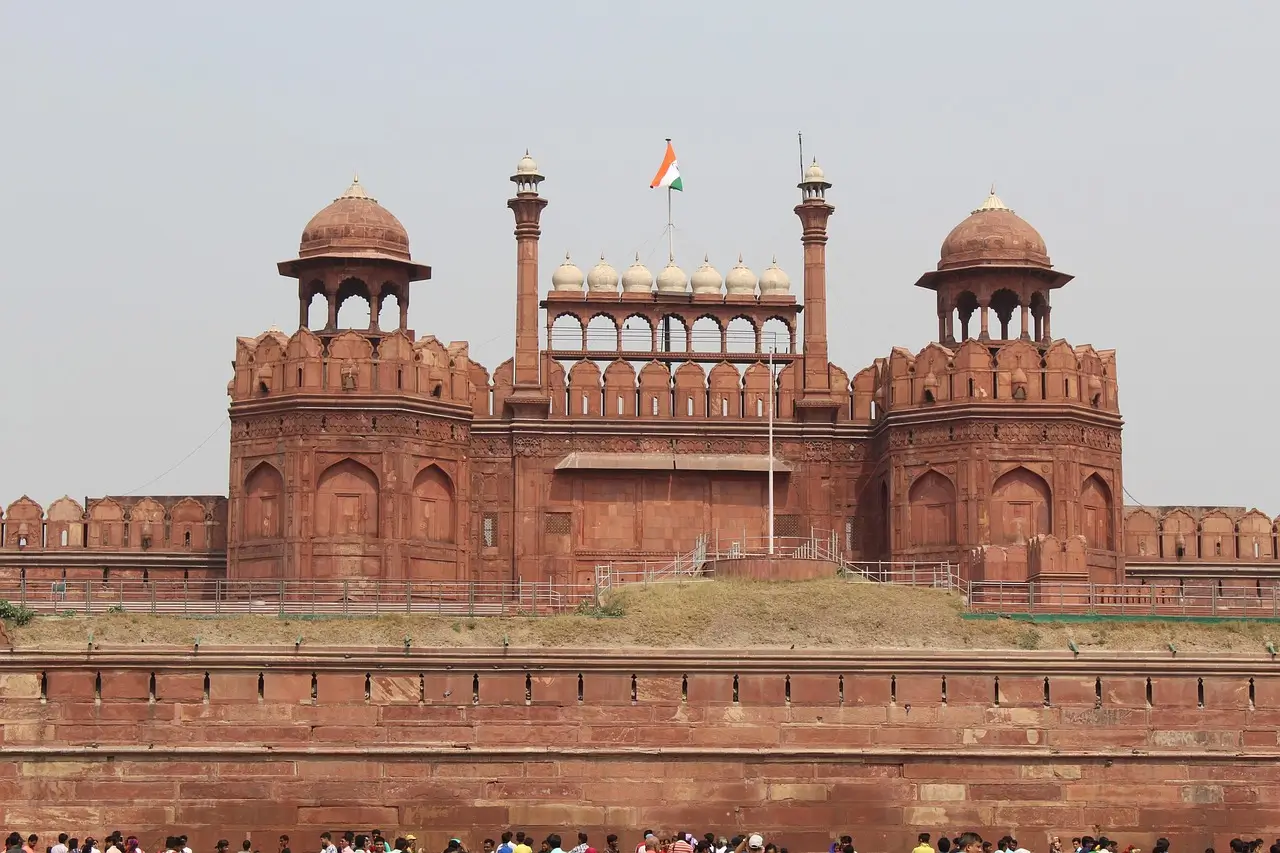 Red sandstone walls and gates of Red Fort in Delhi