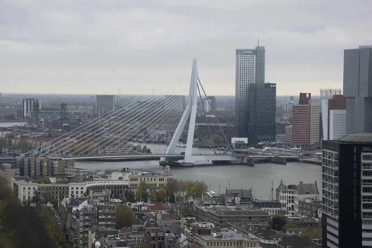 Skyline of Rotterdam with modern buildings and Erasmus Bridge