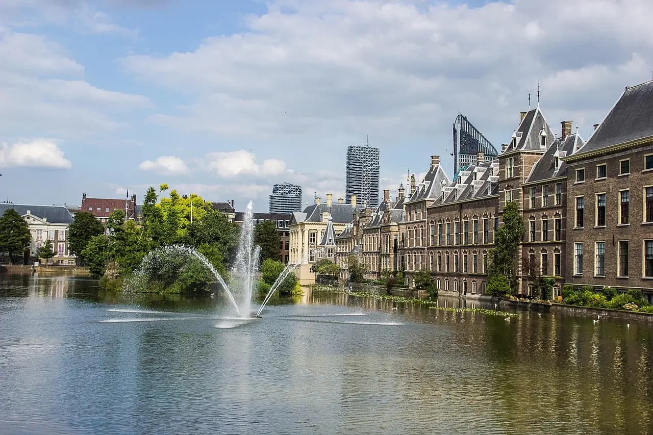 Binnenhof and lake in The Hague at sunset