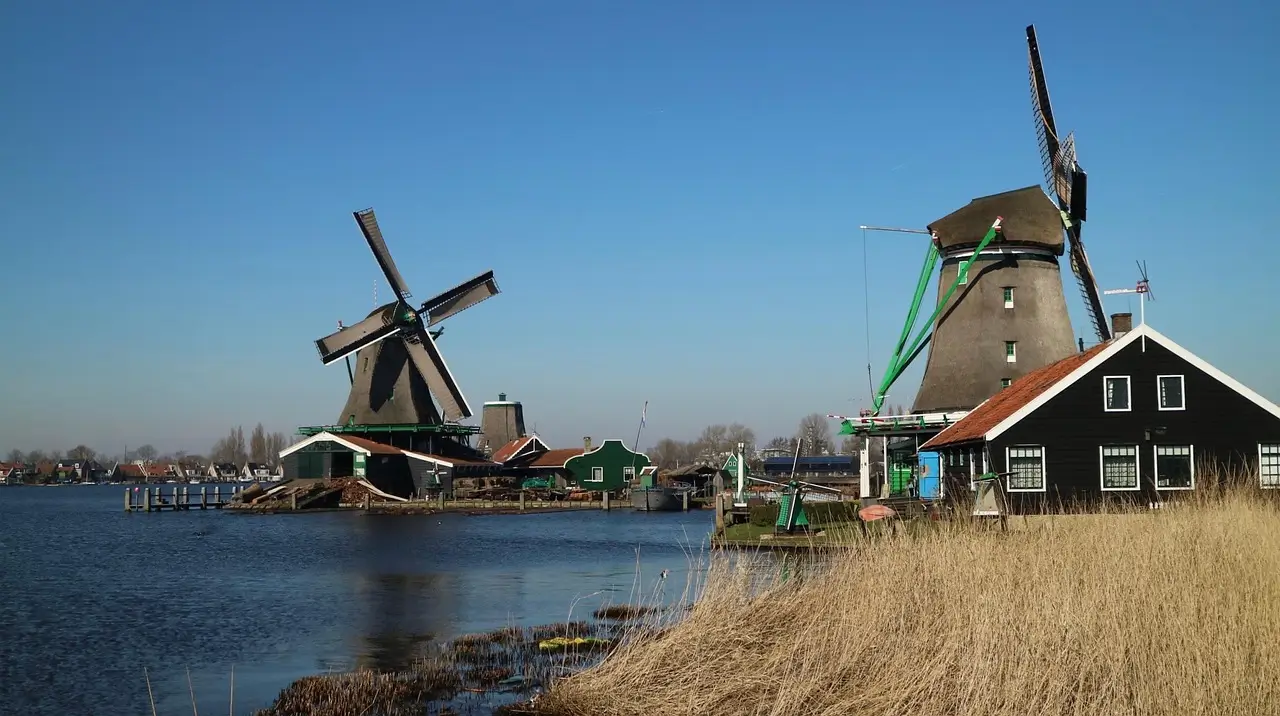 Traditional Dutch windmills along the Zaan River
