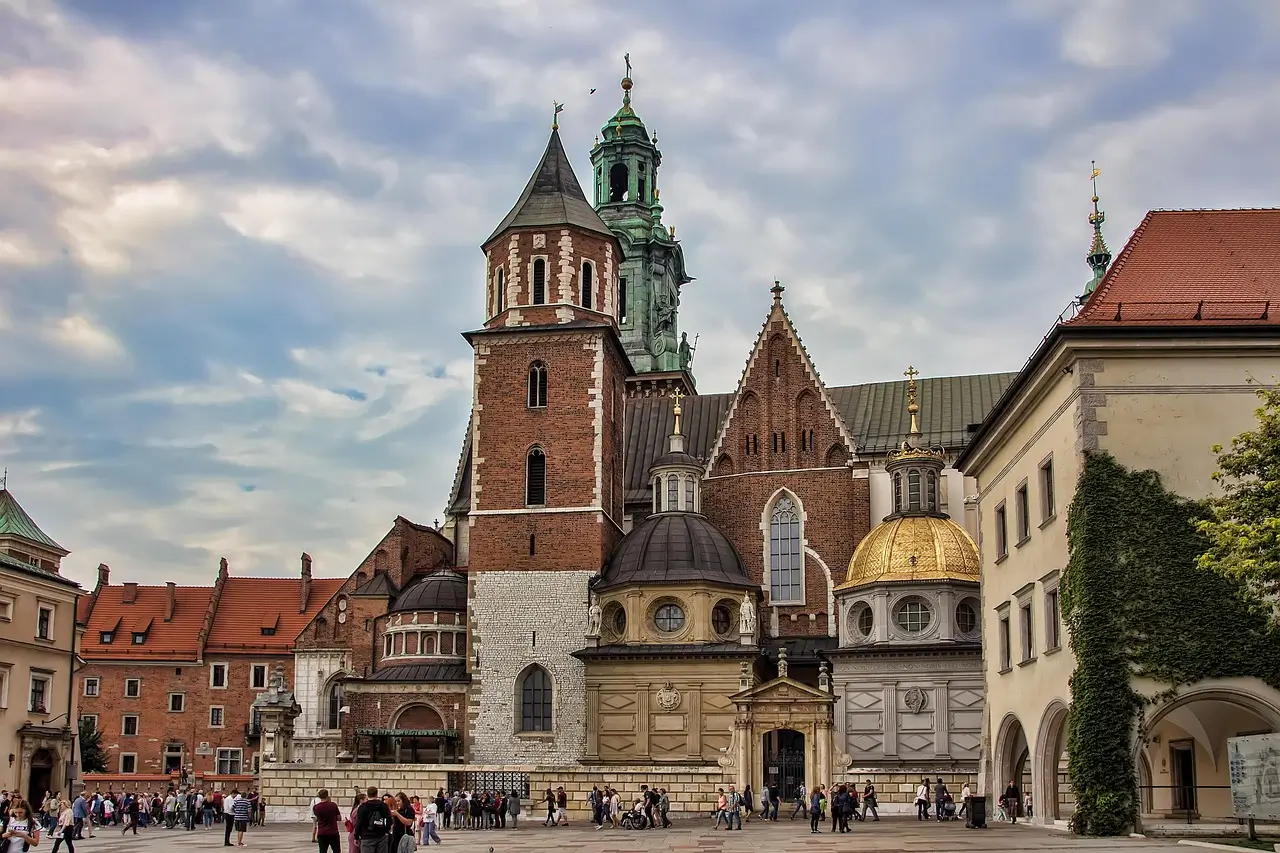 Aerial view of Kraków Old Town with St. Mary’s Basilica and market square