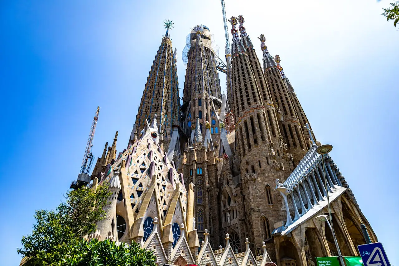 Intricate spires and facades of the Sagrada Família basilica in Barcelona