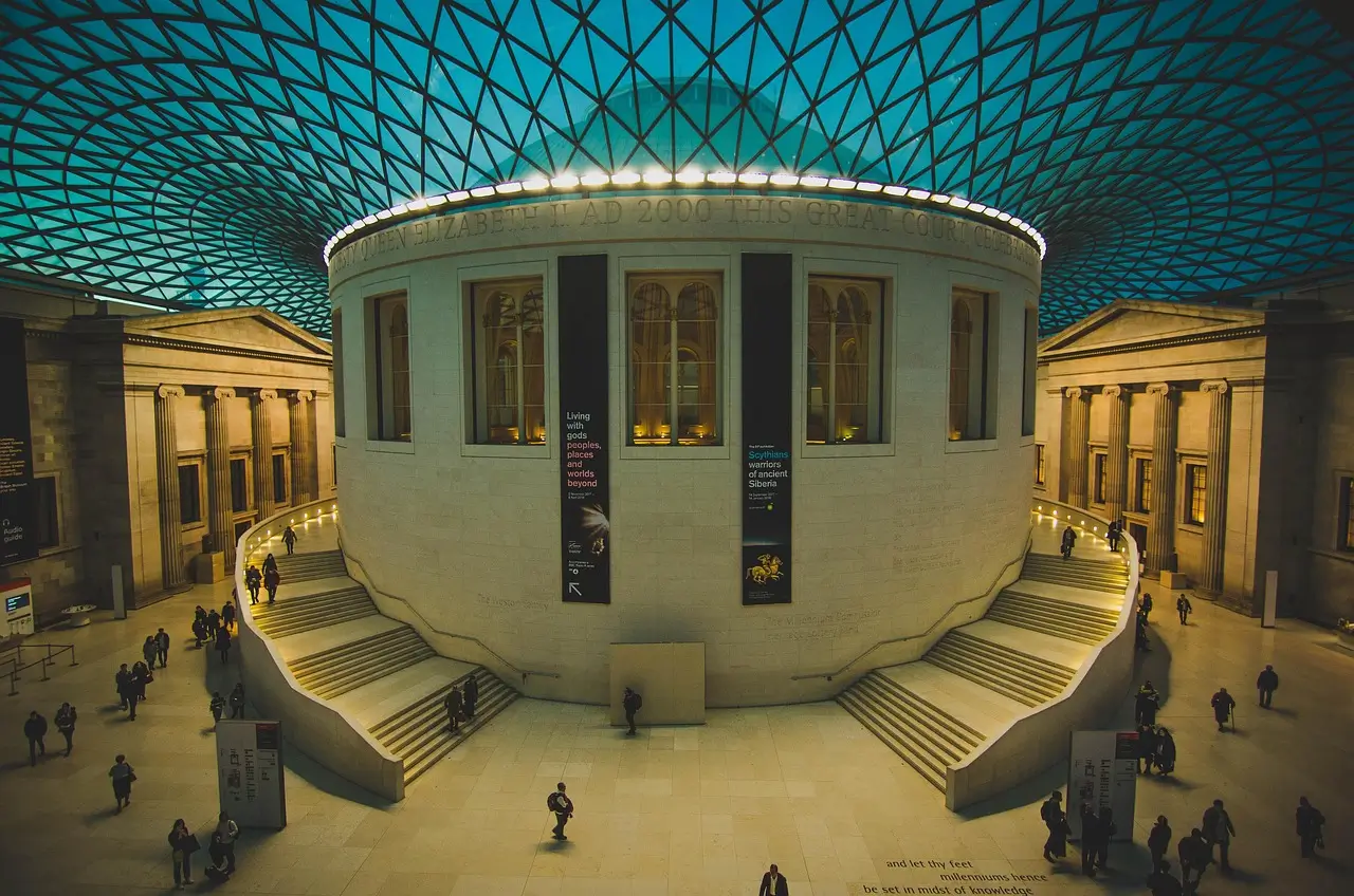 The British Museum Great Court glass roof and visitors