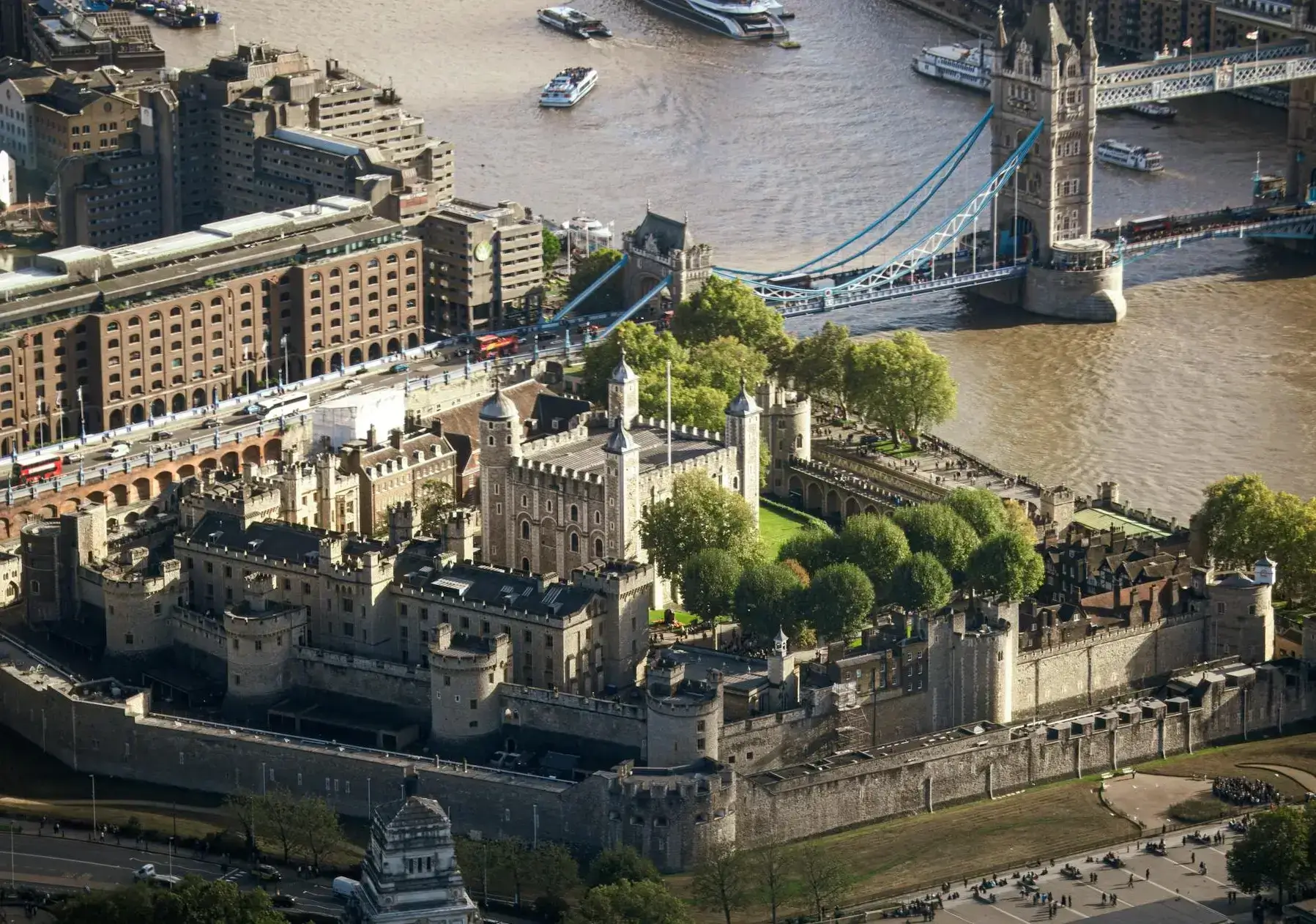 The Tower of London with historic walls and the River Thames