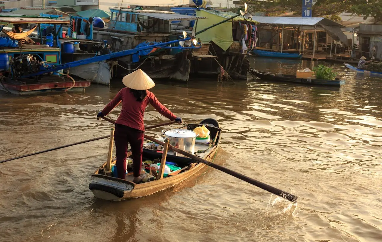 Colorful floating market in Mekong Delta